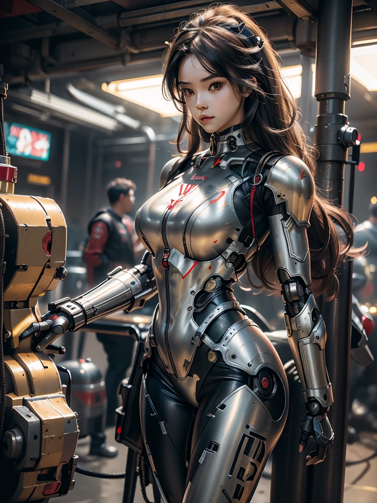 (masterpiece), (best quality), (1girl), mecha, jump, jumpsuit, body suit, robot girl, mechanical armor, red armor, cinematic, stand, sexy, big breast