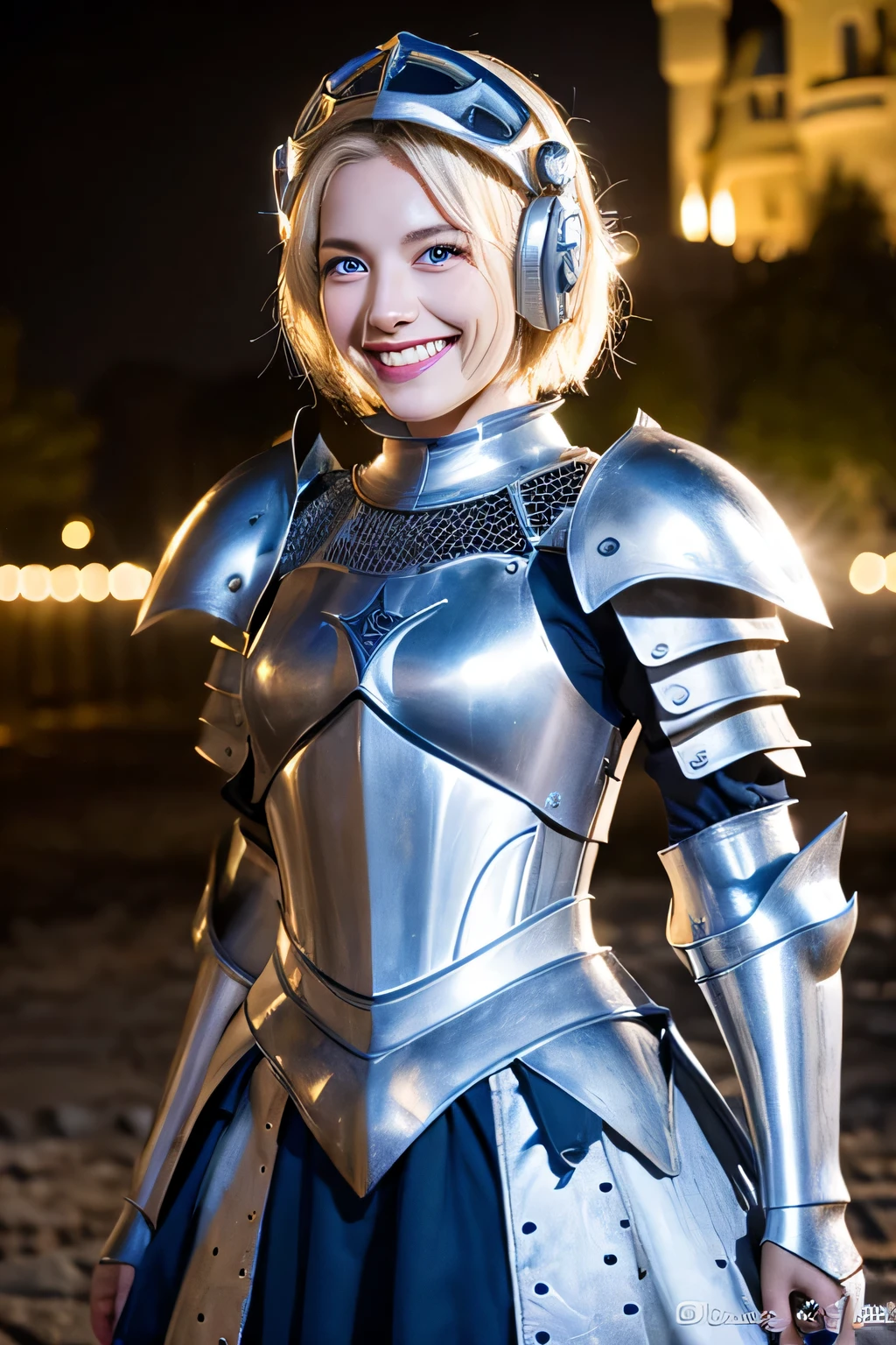 8K、highest quality、female knight、The background is a castle、Luxurious Silver Armor、heavy equipment、hairstyle short cut、smile、beautiful teeth、full body photo、Night helmet covering the ears、blonde、white woman、blue eyes、