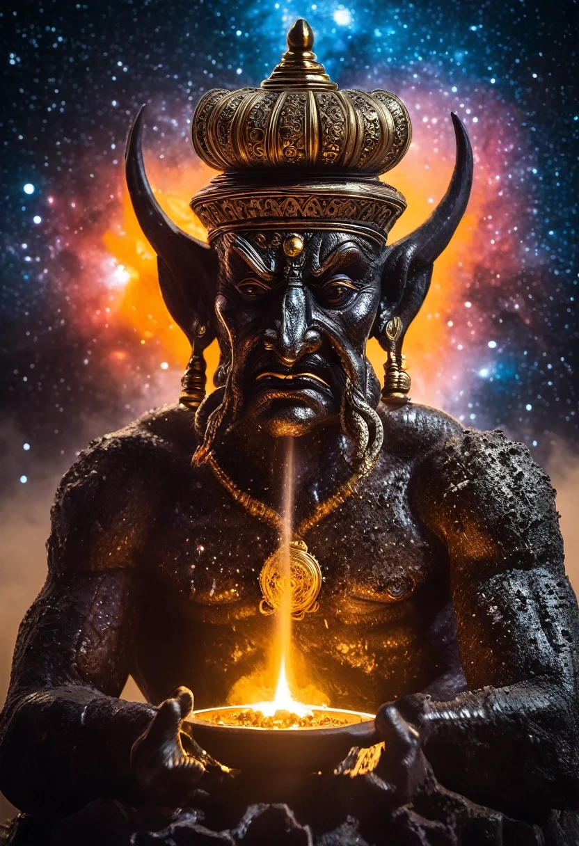 Demon  statue, Frontal portrait, There are countless incense burners in front, Against the backdrop of the galactic universe, Photo taken with Sony a7R camera, Shot with a Sigma 20mm F1.4, Beautiful image, surrealism, Cinematic lighting, god light, back lit lighting,, Super detail,