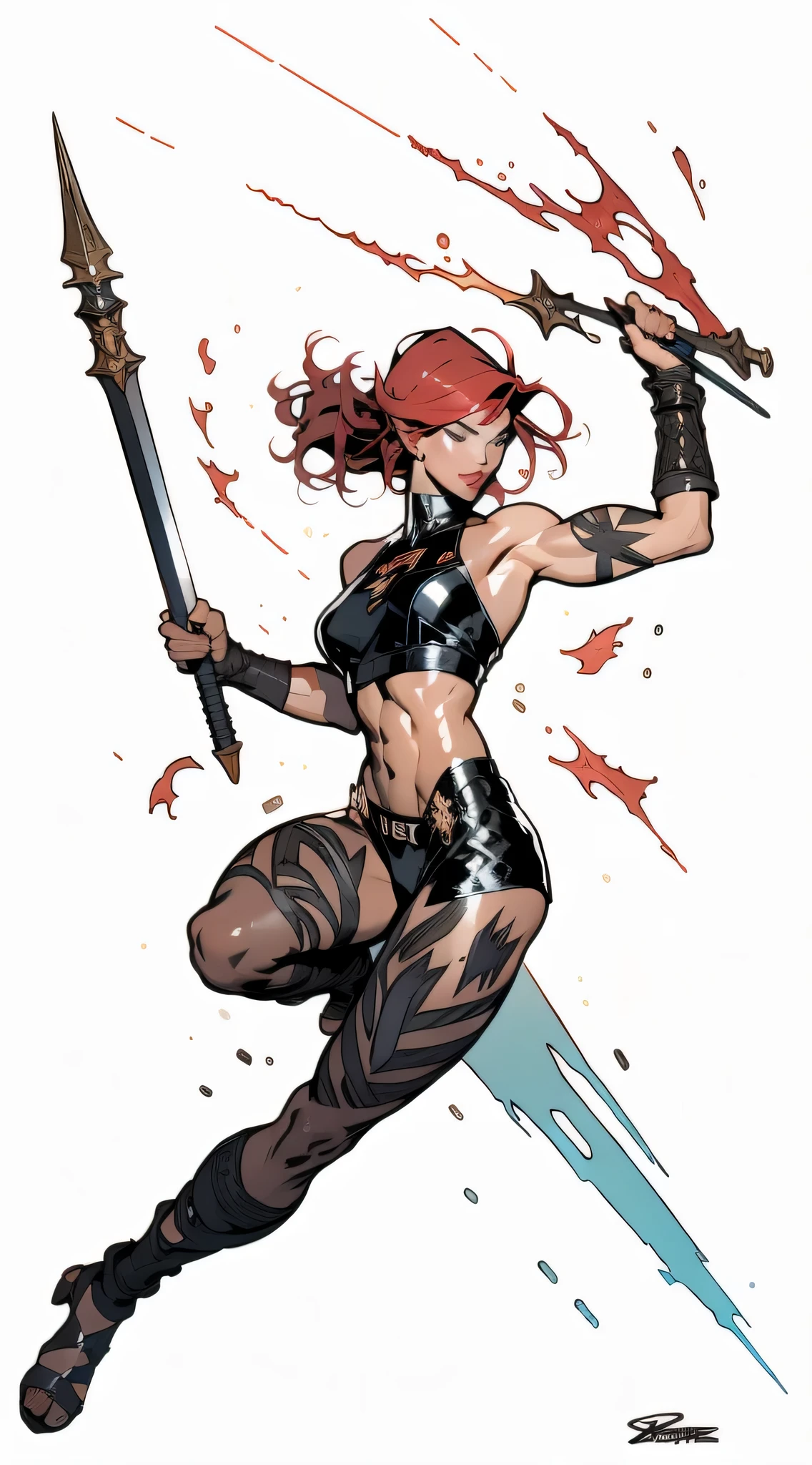 Masterpiece, Ultra extremely detailed, Insanely Definition - quality, 8k, (vibrant colors,vibrant theme), (intricate), full body , NSFW dark skin, African woman, freckless on face, dark toned skin, huge breast, gigantic ass, red eyes, red hair, purple lips, abs, Perfect ass , A muscular warrior woman almost naked in the Simon Bisley style for the cover of Heavy Metal magazine, bare thighs, tiny thong, garter belt, Minimal clothing, red carbon fiber cyberpunk outfit with small blue and white details, black clothing , tiny red thong