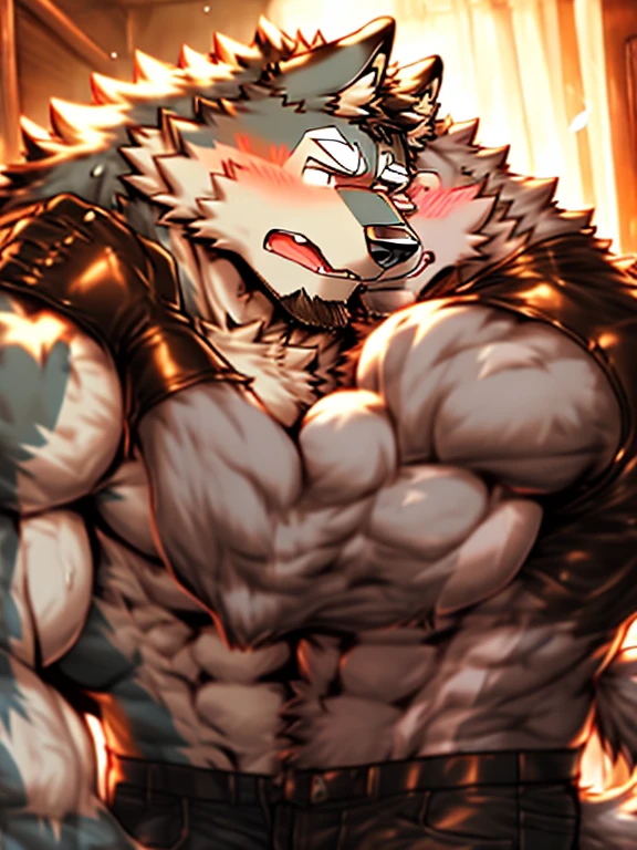 A big muscular wolf , wear a leather jacket , kissing his wolf boyfriend, flustered