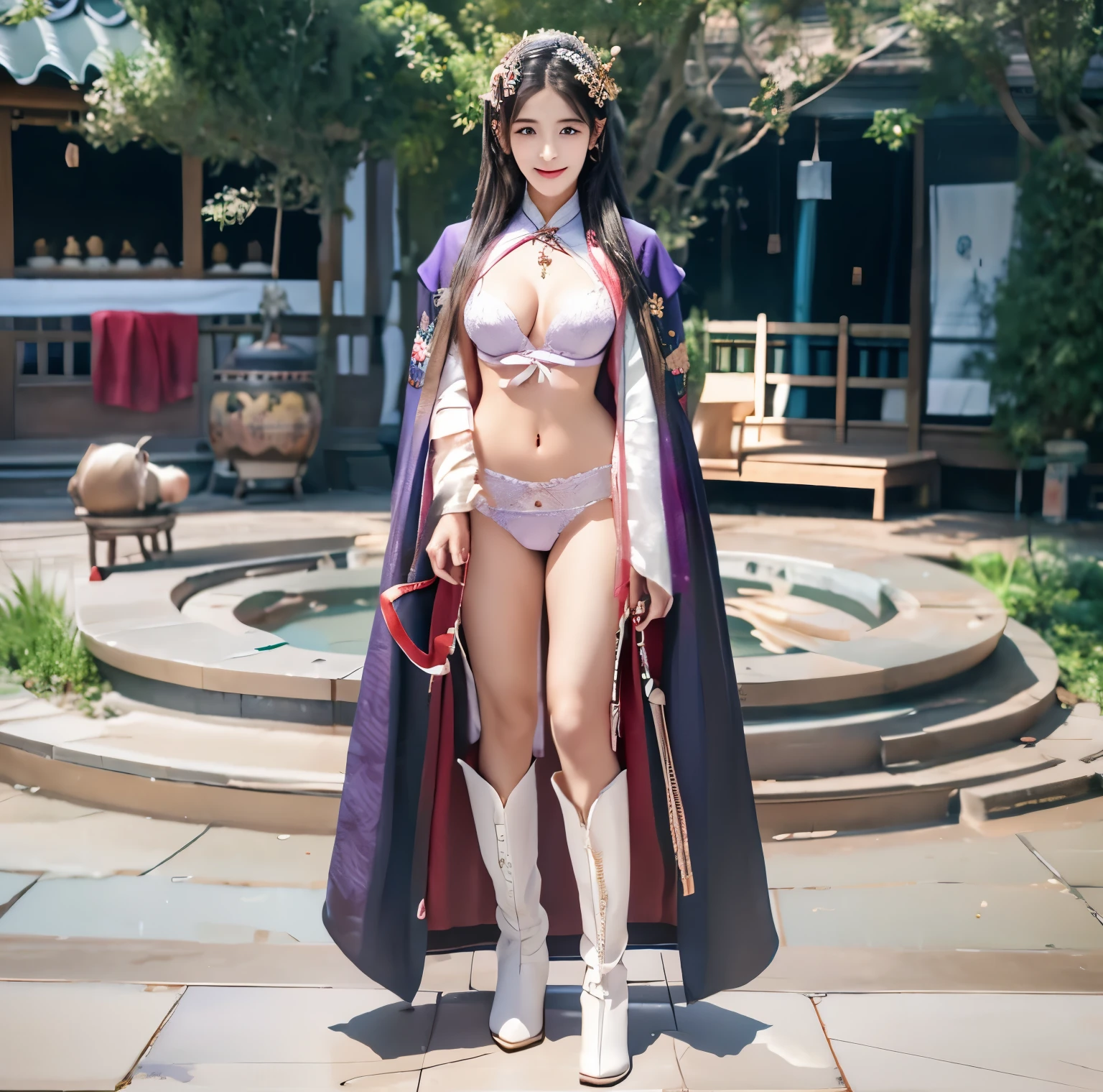 美麗的fantasy皇后, anime goddess, full body xianxia, ((美麗的fantasy皇后)), Sexy red bikini underwear，high-cut underwear，high cut underwear，Long-legged girl，put on boots，White boots，huge breasts，Put on your hat, Chinese Hanfu，fantasy服装, Sha Xi, ((美麗的fantasy皇后)), Put on the priest&#39;s cloak, full body purple cloak, 穿着fantasy服装, Anime girls cosplay look at the audience，facing the audience，Put your hands beside you,flowing long hair，Surreal 8000g，Impeccable，masterpiece，professional artwork，famous artwork，Light，movie bloom，perfect face，pretty face，fantasy，Dreamy and magical，not real，intricate details，Exquisite pattern