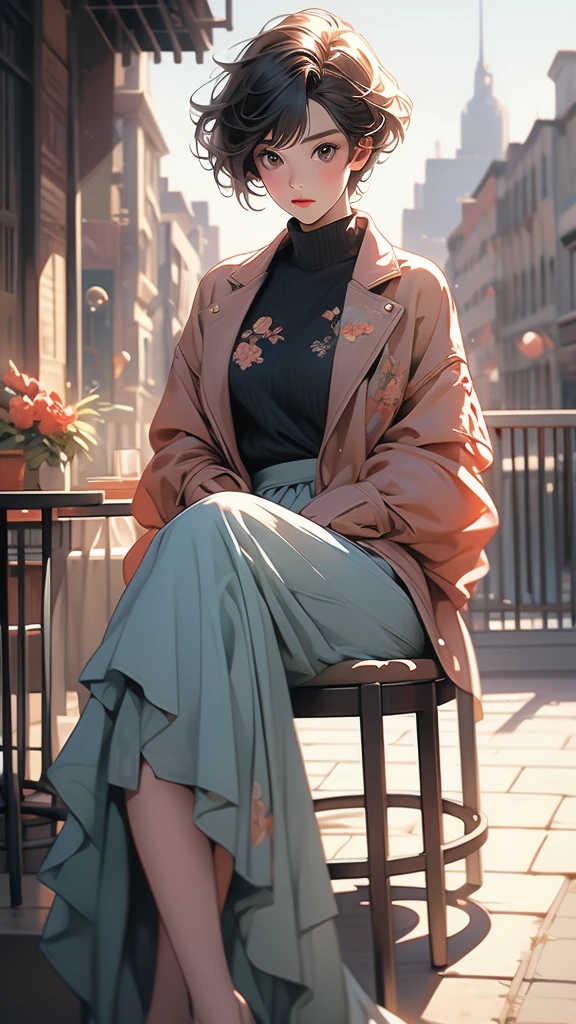 (Highly detailed CG unit 8k wallpaper, masterpiece, High resolution, highest quality, highest qualityのリアルテクスチャスキン), sitting in a chair:1.4, A cool NY fashion girl influenced by nostalgic and inorganic mode fashion., Nana Komatsu, Asymmetrical short hair, detailed costume, fine embroidery, Layered maxi skirt and jacket coordination:1.3, blurred background, An empty cafe terrace:1.2, hyper realistic, digital painting, concept art,
