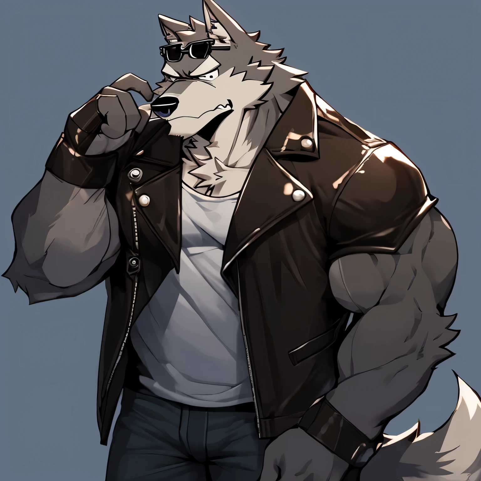 A tall and big muscular wolf , wear a leather brown jacket, wear sunglasses, grumpy face with tear