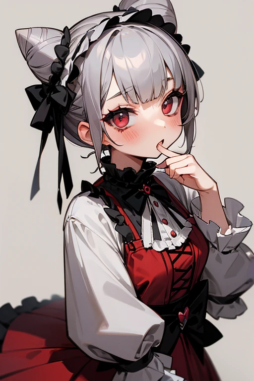 short gray hair, blush, Gothic Lolita、punk fashion、head bun 2.、Red clothes、