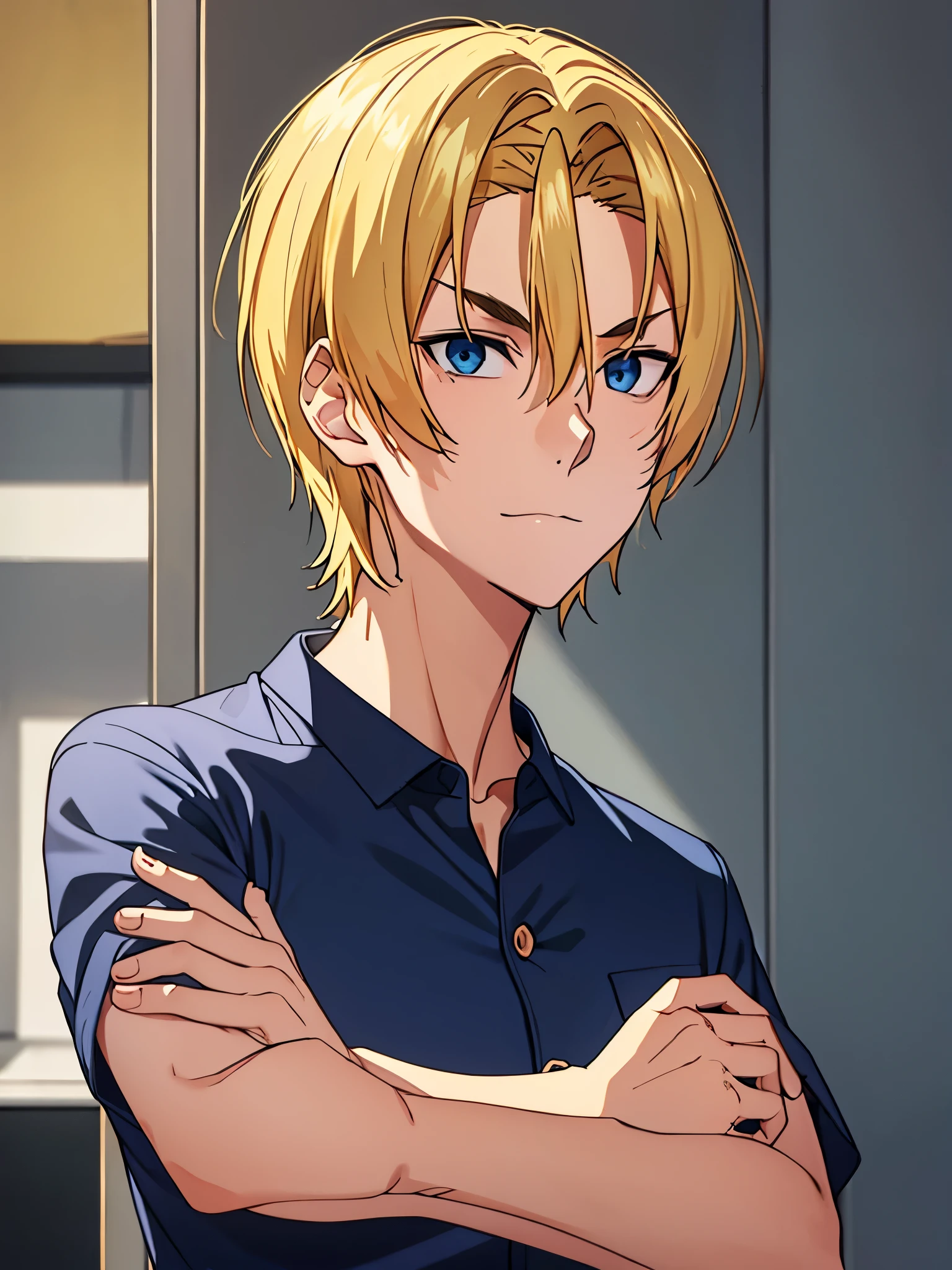 guy, looking at the camera, blonde hair, navy blue long shirt