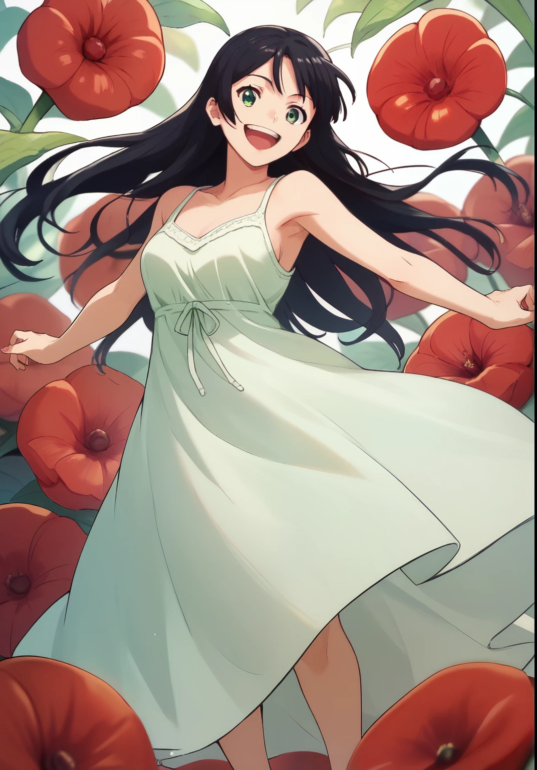 Lihua, long hair, black hair, green eyes, full-length image, solo, white nightgown, 1 women, red poppies, glade of red poppies, laughs BREAK
score_9, score_8_up, score_7_up, score_6_up, anime