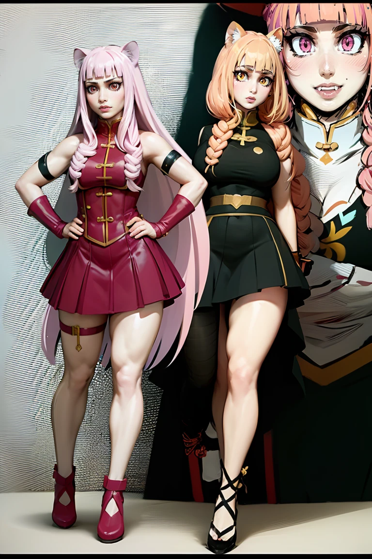 tiger ears, tiger tails, martial art, medium chest, pink hair, skirt, jacket, godess,1girl,coat,standing,, solo focus.1character,,refsheet, character focus, 1character,fangs, cloused mouth,pink hair, green eyes, chinese dress, tomboy,shoes, full body, martial pose karate, kemono mimi, solo focus,