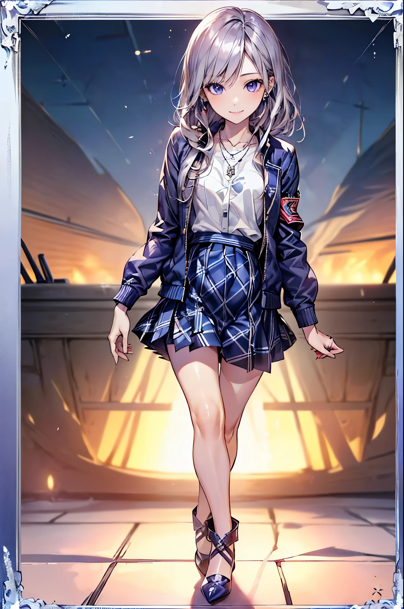 ((Biologically correct number of limbs))、(( Full body photo including face))、4K、((standing position))、masterpiece、((focus on the face))、((Symmetrical facial features))、Eyes with detailed description、Beautiful woman、outstanding style、beautiful clavicle、beautiful legs、beautiful hands、(small ass、thin thighs）、(stockings、high heels）、Detailed depiction of faces、small earrings、necklace、(Navy blue military jacket、shirt、(plaid skirt))、close up of face、Morning Port、(((white frame photo)))、smile、silver hair、purple eyes