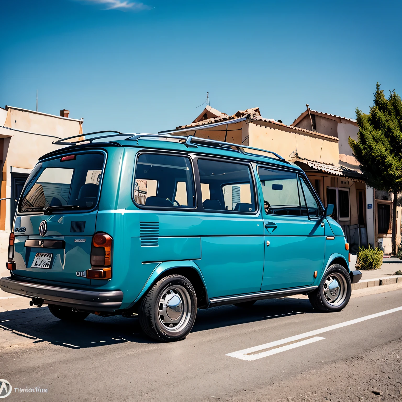 realistic photo of an old VW minivan parked by the road in a Turkish city, side view, UHD, masterpiece, super detailed, high quality, high resolution, sunny day