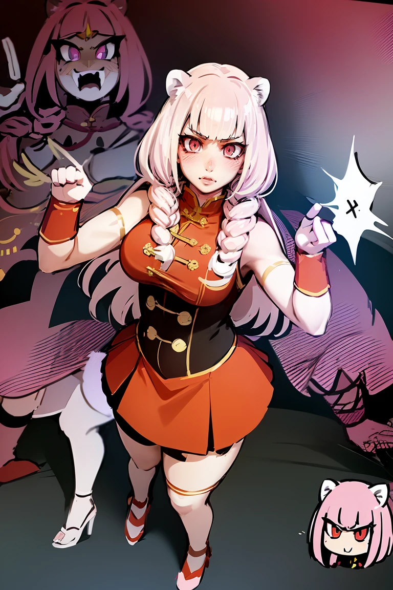 (((red and white checkered pattern))), The most powerful girl on the planet with an aggressive evil dragon outfit, arms with scale textures, fogo saindo dos cabelos longos, dragon claws for hands. Agilidade, pose de lutadora, expression of hatred on the face, melhor qualidade, high resolution, action pose, corpo inteiro