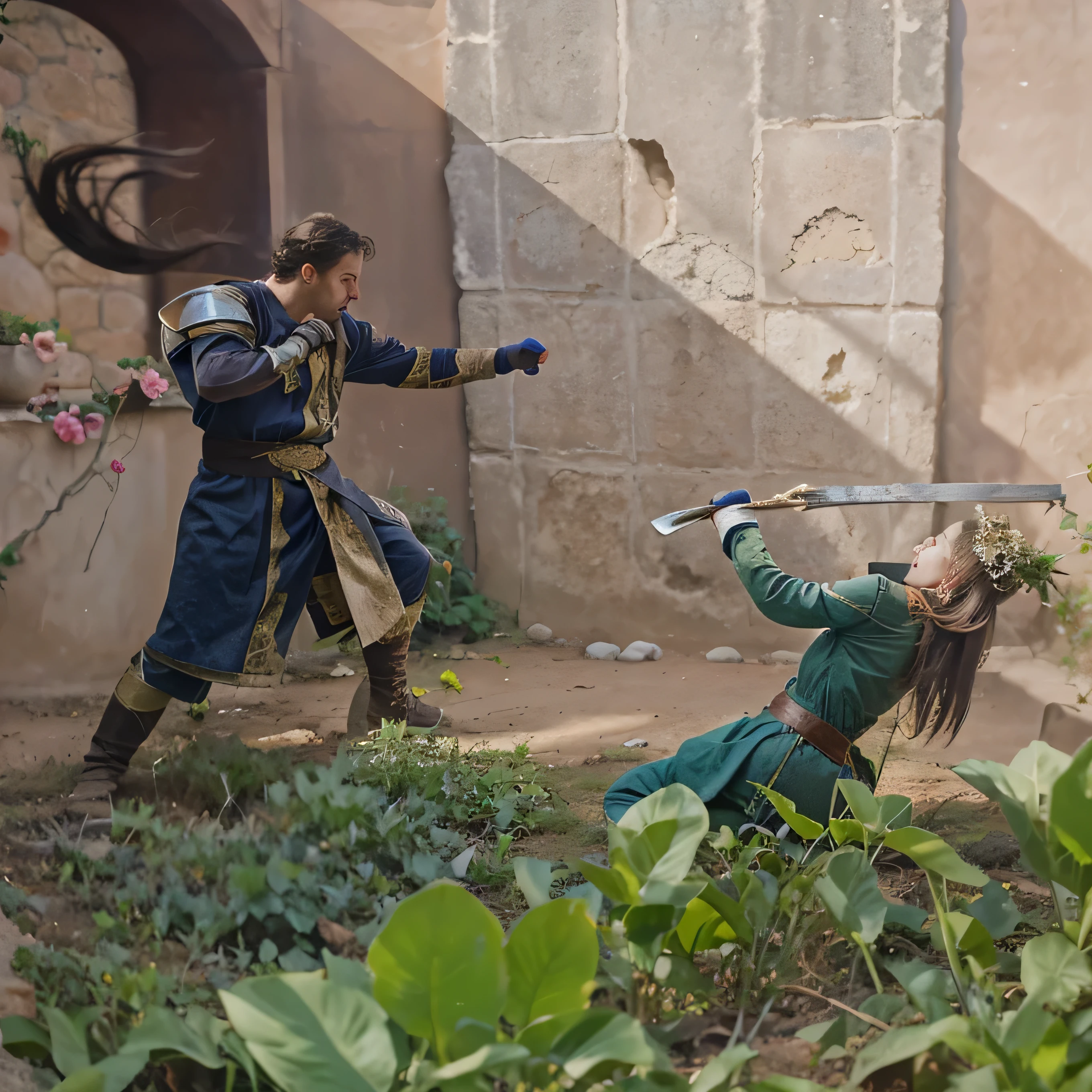 Fight between two characters, ground with grass, stone and bushes, flowers. Background with Greek columns.