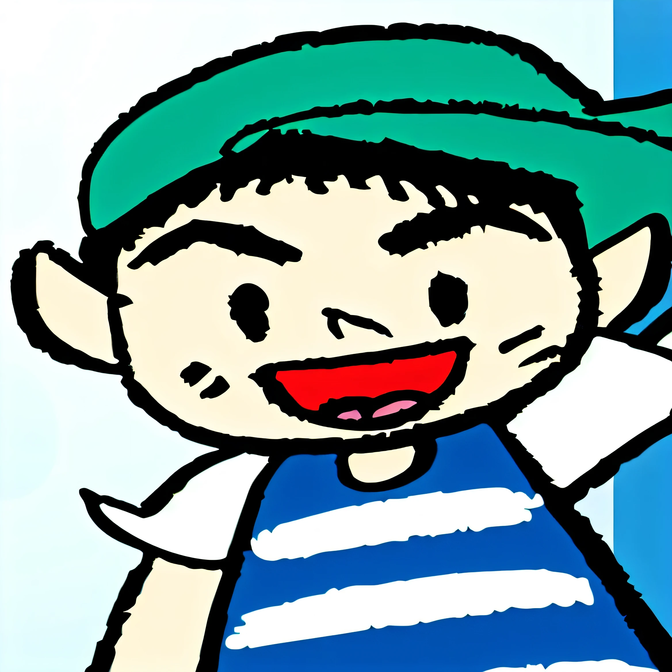 Cartoon of a boy in a green hat and blue shirt, Inspired by Junpei Sato, Inspired by Miyamoto, ness from earthbound, elf, Vinny in Vinny Sauce, villager, close up of character, inspired by Ryuzaburo Umehara, inspired by Eiichiro Oda, Inspired by Luigi Casimir, Luigi's nose, Male elf