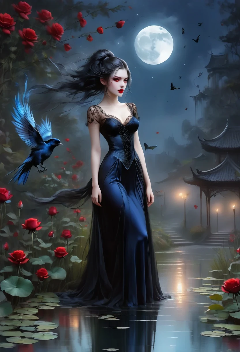 （dark atmosphere，Goethe fashion，bright colors），（best quality，Super exquisite，），Sexy goth elf girl，rose garden at night，beautiful and delicate eyes，Blue tip black straight ponytail，Crow feathers，red lipstick，mysterious smile，Pale complexion，fishnet stockings，black lace dress，Pointed trophy aura，The moonlight reflects her elegant silhouette，Soft shadows and soft highlights，Contrasting colors create a vibrant atmosphere，Dark and moody color palette，Subtle yet dramatic lighting effects，Sublime darkness intertwined with exquisite moonlight
