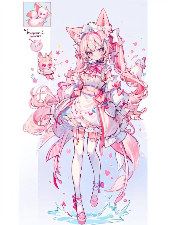 girl (masterpiece、最high quality、high quality)、若いgirl&#39;whole body、(Light pink hair 、fox ears、pink eyes、long twin tails、garter belt、lolita、frills、cute hairpin、Ribbon shoes、bonnet、Pink string ribbon 、low length、young)、 whole body キャラクターデザイン ピンクと水色の服装 かわいい ふわふわ 童話系