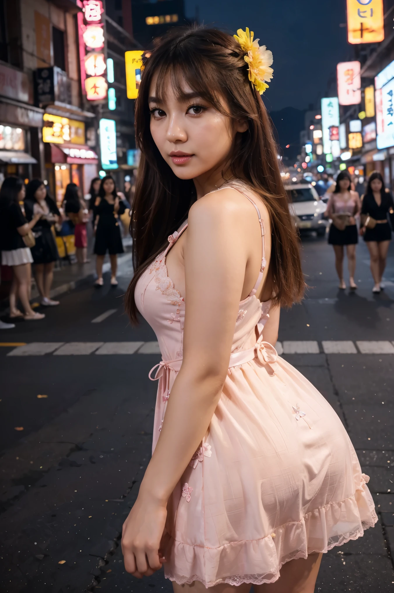 Beautiful asian woman, gorgeous face, clean skin, brown eyes, beautiful eyes, brown hair, fringe hair, thin brows, long hair, full lips, pink lips, upturned nose, thin nose, cute cheekbones, eyeliner, natural makeup, korean makeup, fit figure, small girl, curvy body, flirty look, cute smile, sexy cleavage, wearing sexy dress, yellow lace dress, yellow dress, flower on head, seoul street, neon signs, korea at night, distracted, candid, front view, full body pic, best lighting, night light, best quality, best colors, ultra realism, highly detailed, 4k