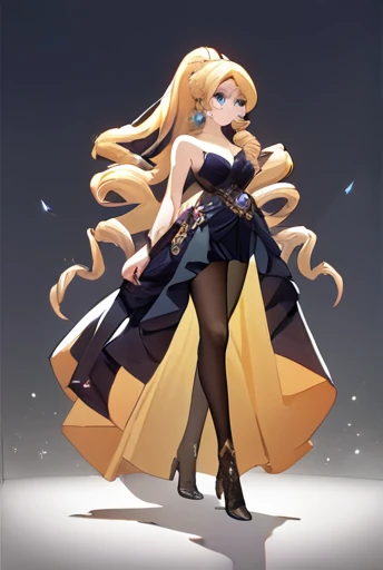1girl, solo, adult woman full body, standing, princess zelda, blonde hair, high quality, best quality, highres ((Enigmatic)), Celestial Shadows, Ethereal ((black tulle ballgown)), Deep (obsidian hue), Ensnaring (bodice), Layers of darkness (skirt), Fine (silver filigree), (Onyx) studs, Lace-up (back), Floor-kissing, Phantom-like veil, Star-studded choker, Wispy tendrils with (black diamond) hairpin, <lora:Style_CutecoreVaporwave:0.8> cutecore vaporwave style