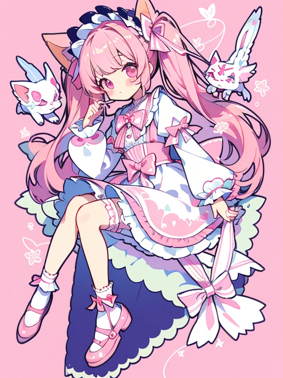 girl (masterpiece、最high quality、high quality)、若いgirl'whole body、(Light pink hair 、fox ears、pink eyes、long twin tails、garter belt、ta、frills、cute hairpin、Ribbon shoes、bonnet、Pink string ribbon 、low length、young)、 whole body キャラクターデザイン ピンクと水色の服装 かわいい ふわふわ 童話系