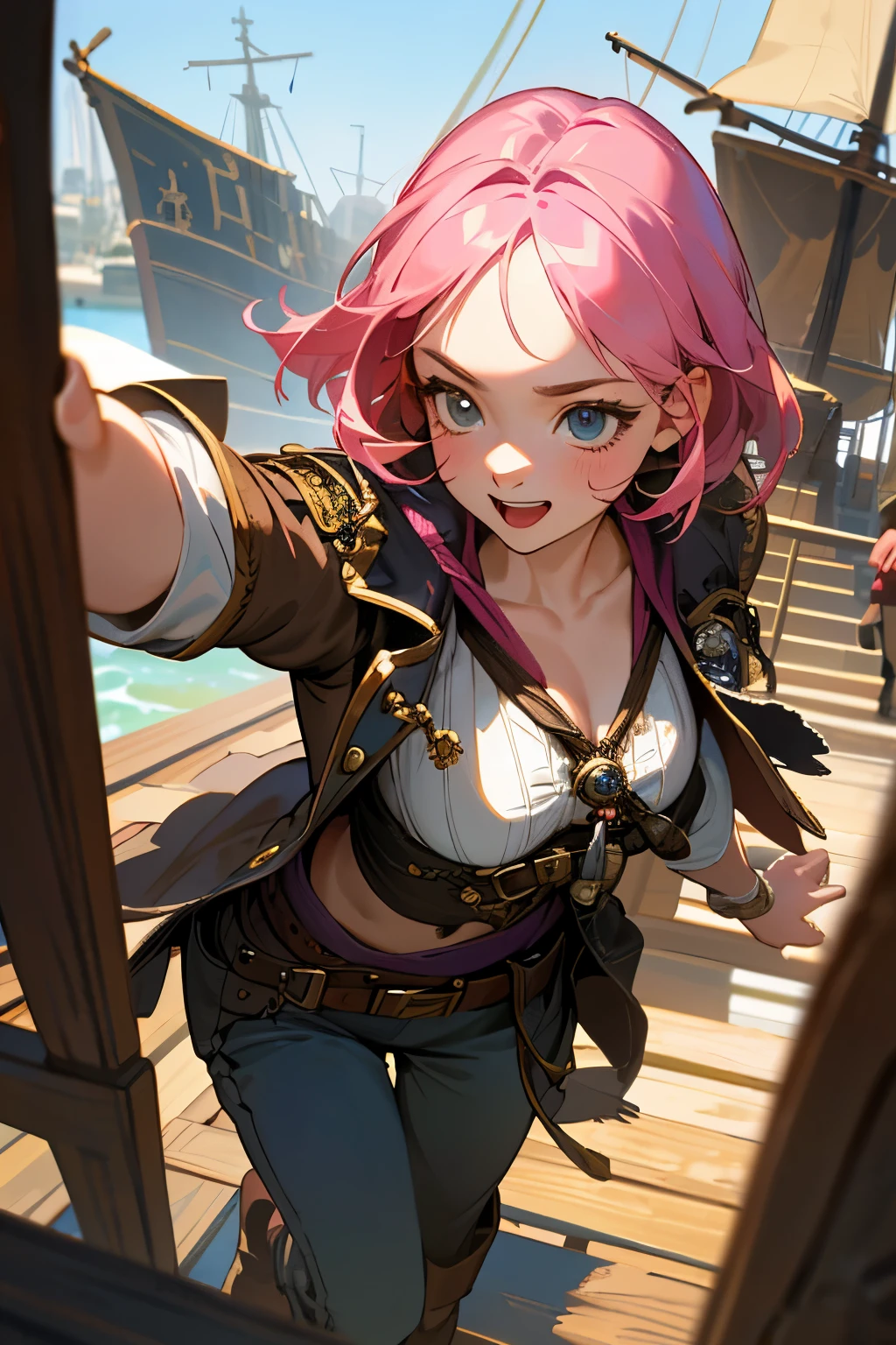 (8k, Top quality, Masterpiece:1,2), (reality, reality:1.37), Superior detail, one girl,), (Very detailed), (beautifully detailed eyes), (Of the highest quality), (Very detailed ), (Masterpiece), (Detailed face),20 years old, ,1 girl, Full body, Pink hair,Very short hair, Medium breast, Clothes, Perfect lighting, Focus on the breast, Looking at the viewer, Excited face, Naughty face, Pirate Ship, On a pirate ship, clear sky, (Captain Jack Sparrow costume),Acquaintance