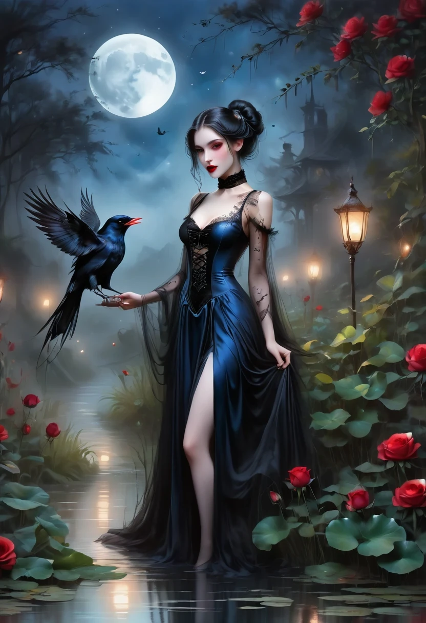 (dark atmosphere,Goethe fashion,bright colors),(best quality,Super exquisite,),Sexy goth elf girl,rose garden at night,beautiful and delicate eyes,Blue tip black straight ponytail,Crow feathers,red lipstick,mysterious smile,Pale complexion,fishnet stockings,black lace dress,Pointed trophy aura,The moonlight reflects her elegant silhouette,Soft shadows and soft highlights,Contrasting colors create a vibrant atmosphere,Dark and moody color palette,Subtle yet dramatic lighting effects,Sublime darkness intertwined with exquisite moonlight