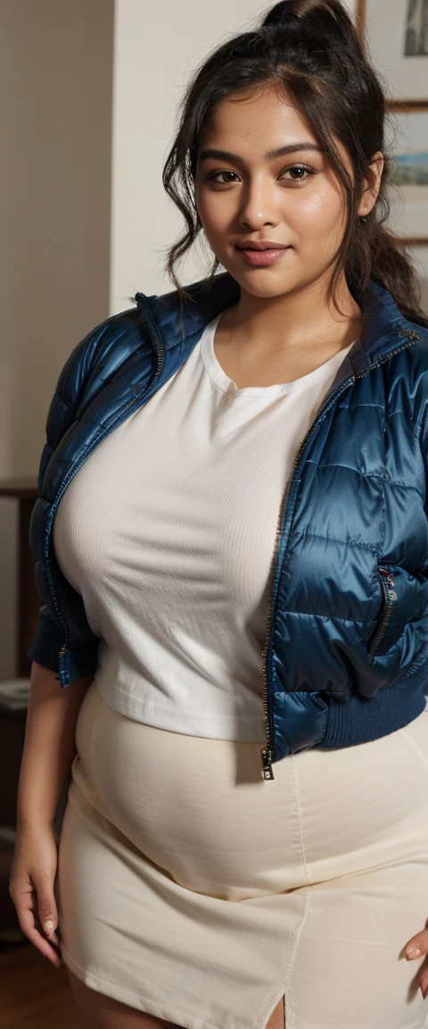 A gorgeous Indian women, curvy, chubby women, (8k), (best quality), (masterpiece:1.2), (realistic), (photorealistic:1.37), ultra-detailed, (((wearing Skirt))), (((wearing t-shirt with super puffer Balenciaga jacket))), (((t-shirt with super puffer Balenciaga jacket))), ((in the room)), inside the house, ((perfect curvy body, chubby skin)), mature chubby Indian female, curvy figure, chubby, curvy, smile, ponytail wavy hair, high quality, HDR, photorealistic, incredible detail of the skin, (curvy figure:0.5), seducing, realistic background, pose, black hair, chubby women, closeup, front focus,