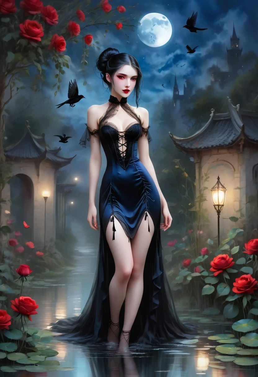 (dark atmosphere,Goethe fashion,bright colors),(best quality,Super exquisite,),Sexy goth elf girl,rose garden at night,beautiful and delicate eyes,Blue tip black straight ponytail,Crow feathers,red lipstick,mysterious smile,Pale complexion,fishnet stockings,black lace dress,Pointed trophy aura,The moonlight reflects her elegant silhouette,Soft shadows and soft highlights,Contrasting colors create a vibrant atmosphere,Dark and moody color palette,Subtle yet dramatic lighting effects,Sublime darkness intertwined with exquisite moonlight