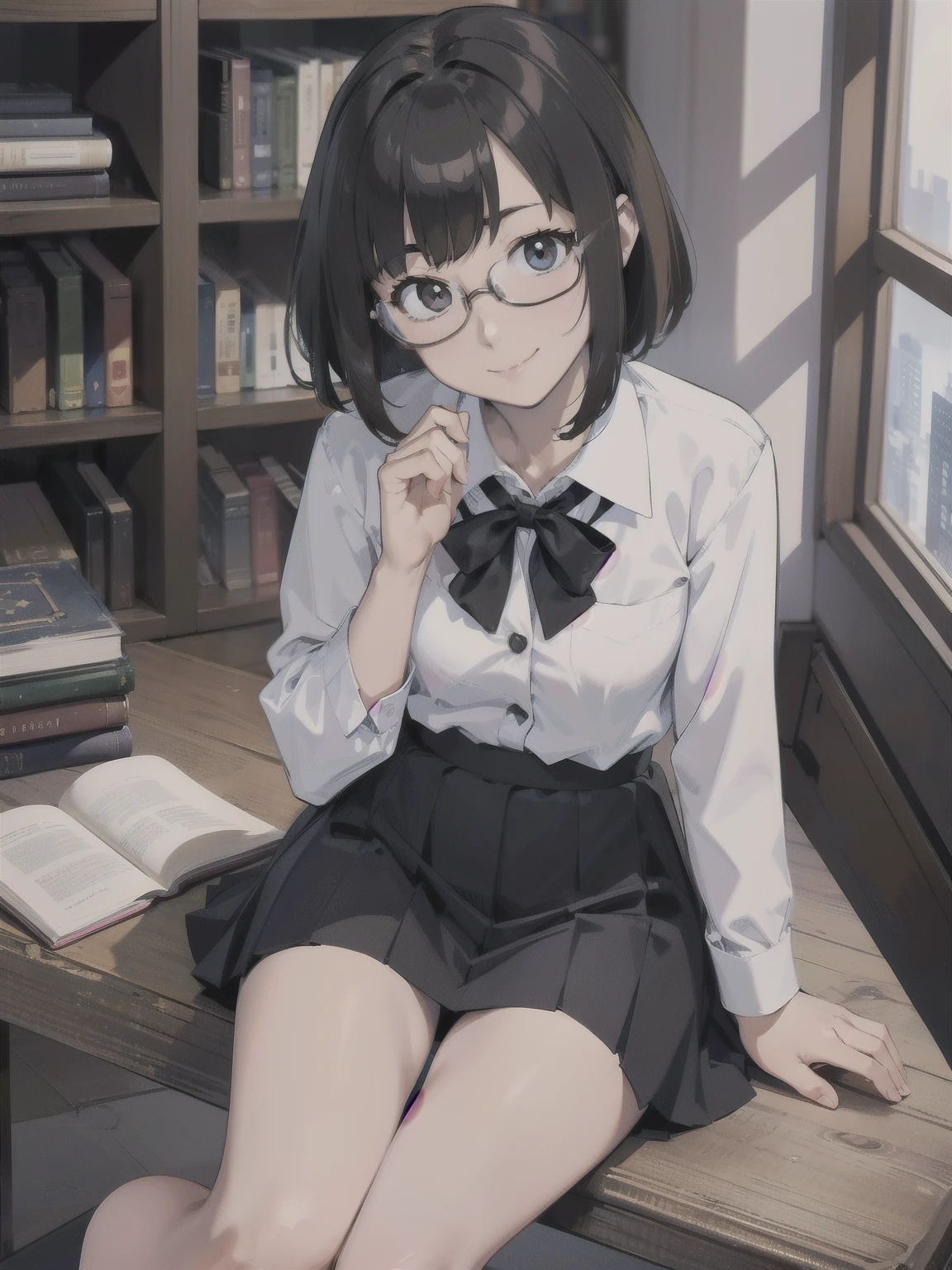 { masterpiece : best quality : high resolution : unity 8k wallpaper : illustration } { Boku No Hero art Academia style } { Background = library } { Nerdy appearance : short dark smart hair : glasses : perfect slender body : perfectly small shape breast : white collar shirt : black skirt : shy : shy smile : sitting : studying }