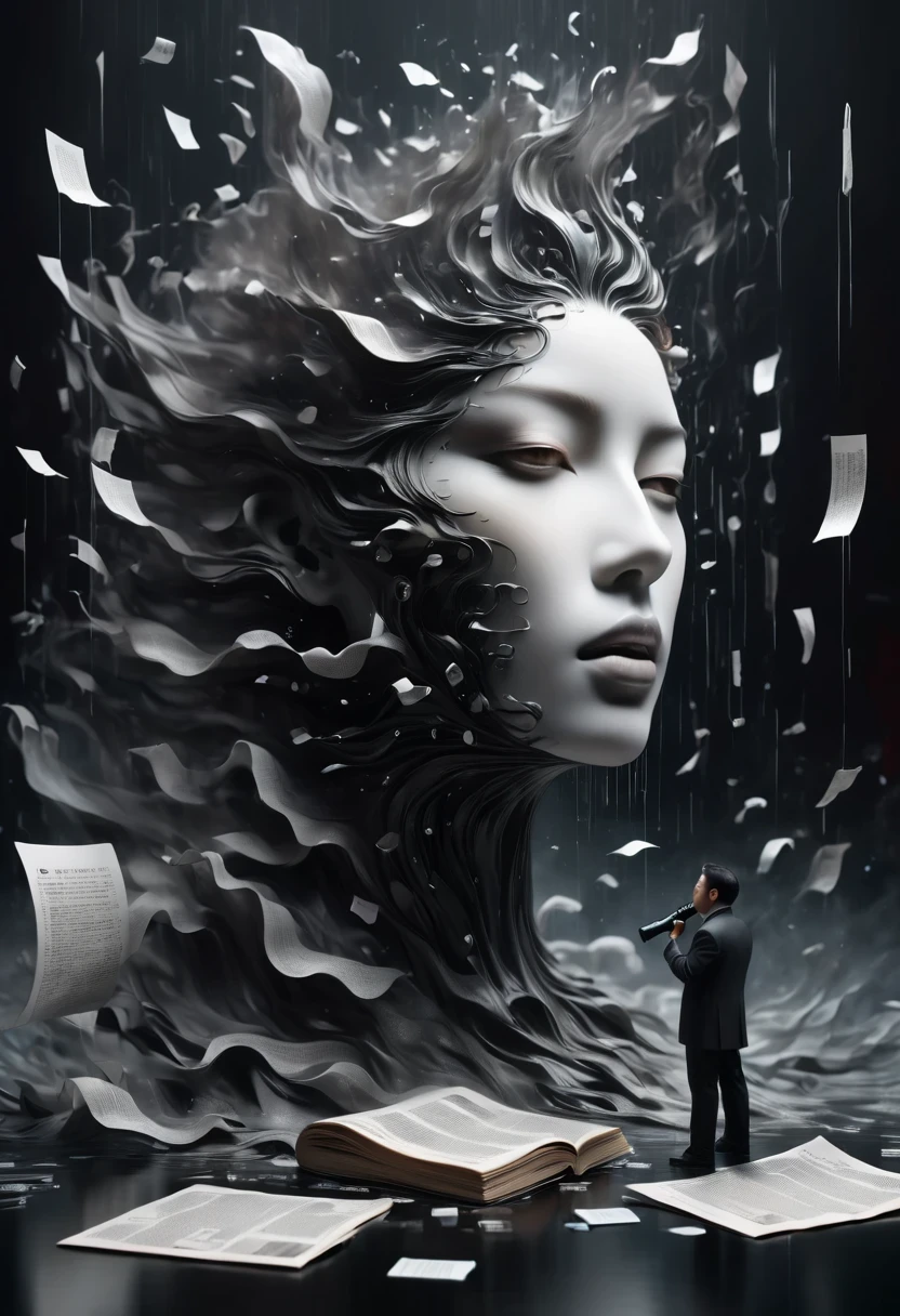 photography, Macro photography, Glass newspaper cover magazine with 3D man standing,A torrent of words poured out of his mouth,Letters flat black and white newspaper text, depth of field, DSLR camera, intricate details, studio lighting, 8K, HD, future science fiction magazine, screen magazine, cyberpunk art, 3D book art, background: A table in a futuristic science fiction world