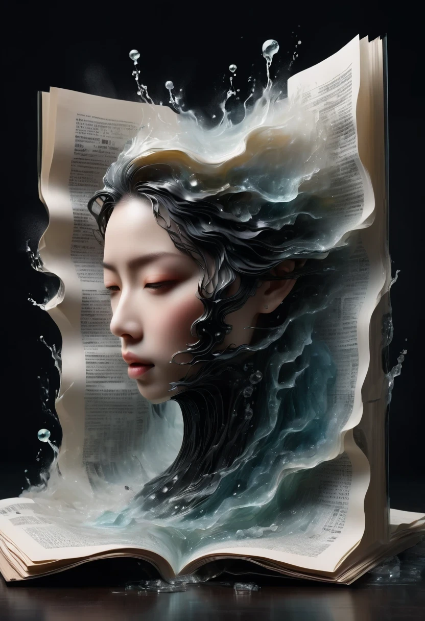 photography, Macro photography, Glass newspaper cover magazine with 3D man standing,A torrent of words poured out of his mouth，Letters flat black and white newspaper text, depth of field, DSLR camera, intricate details, studio lighting, 8K, HD, future science fiction magazine, screen magazine, cyberpunk art, 3D book art, background: A table in a futuristic science fiction world