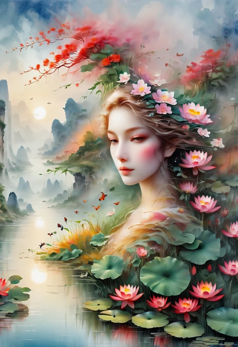 masterpiece, best quality, extremely beautiful reflection, best reflection. (Very detailed CG 8k wallpaper), (best quality), (Best Illustration), (best shadow), Guilin scenery pictures, Realistic morning.