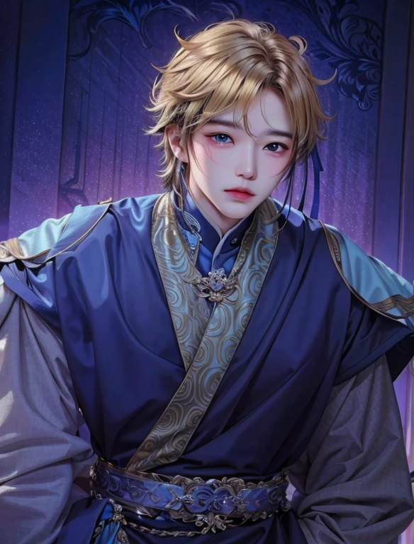 Man with purple eyes, handsome, photorealism, masterpiece, diversity, ((perfect face)), purple eyes, yellow hair, detailed clothes, detailed hair, dark ambiance