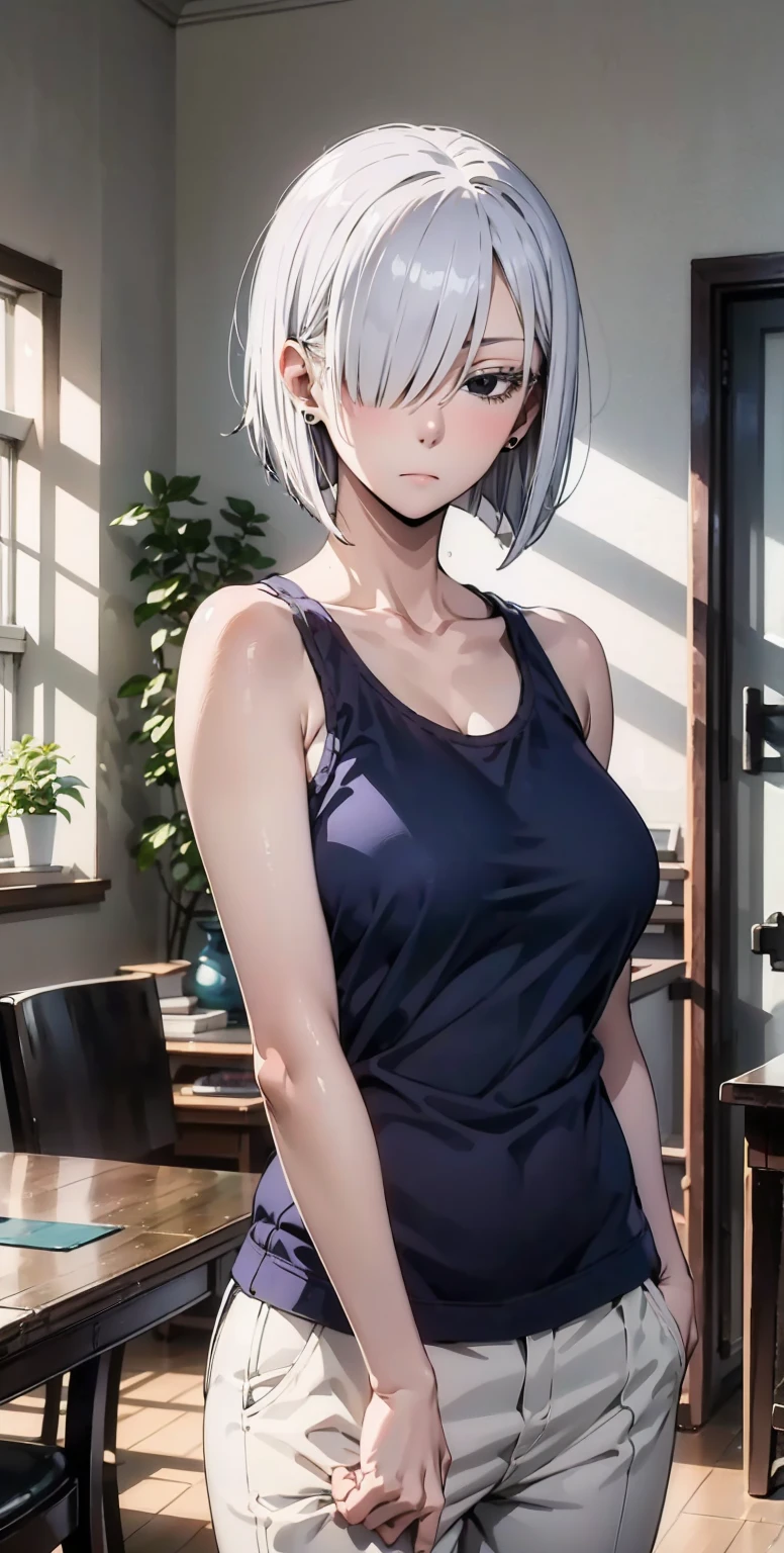 Pikki Fiona, 1 girl, alone, looking at the viewer, gray hair, short hair, hair above one eye, bob cut, black eye, chest, large chest, earrings, Tank top、pants、chestの露出、、 No expression、big 、indoors、inside the room