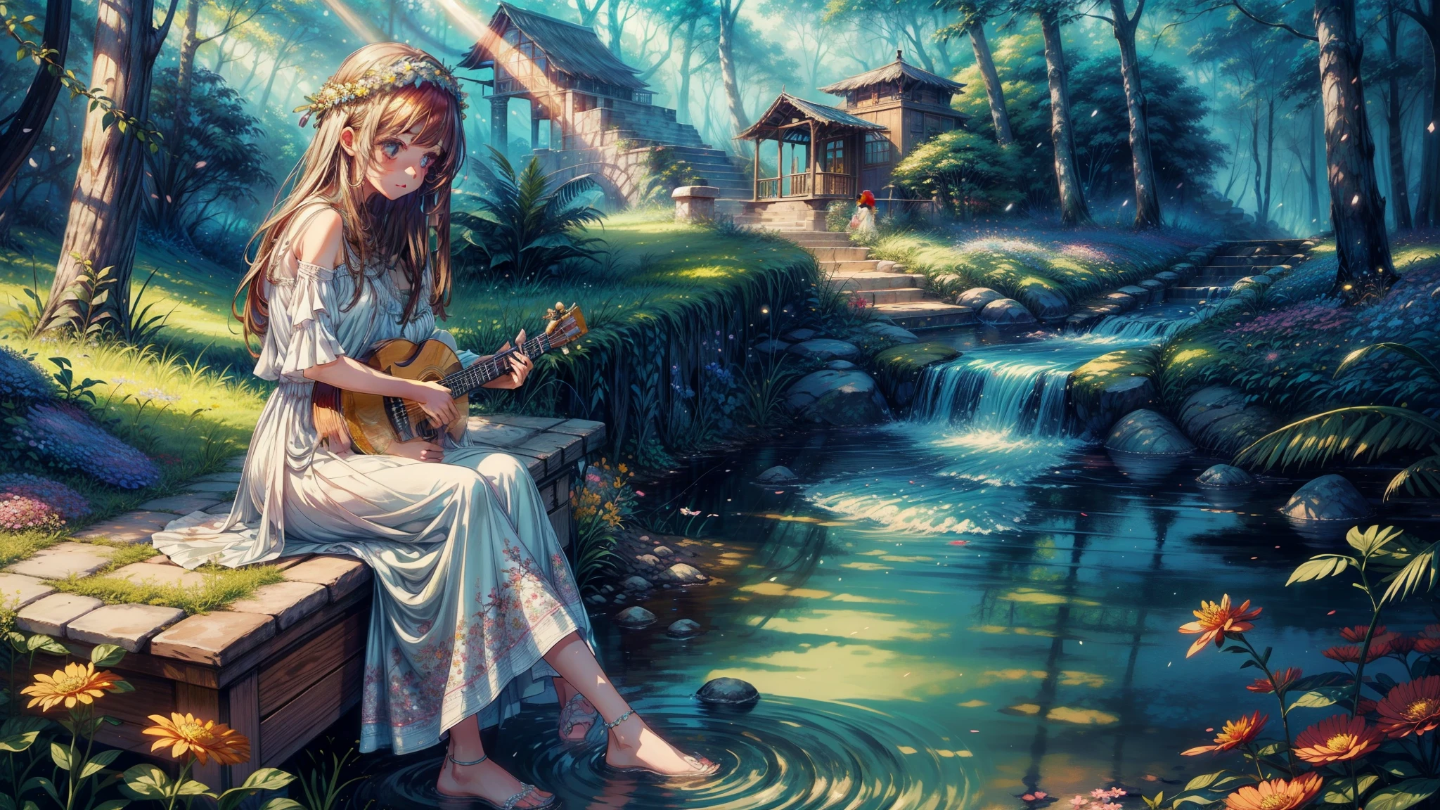 girl, alone: style: Boho quality: Dreamer Quality: Creative painting: Image effect of delicate henna on hands and feet: soft filter, Creates an air of fantasy around her appearance: Wearing a long dress with a floral pattern、A wreath of flowers in her loose hair: Playing the banjo:In the forest