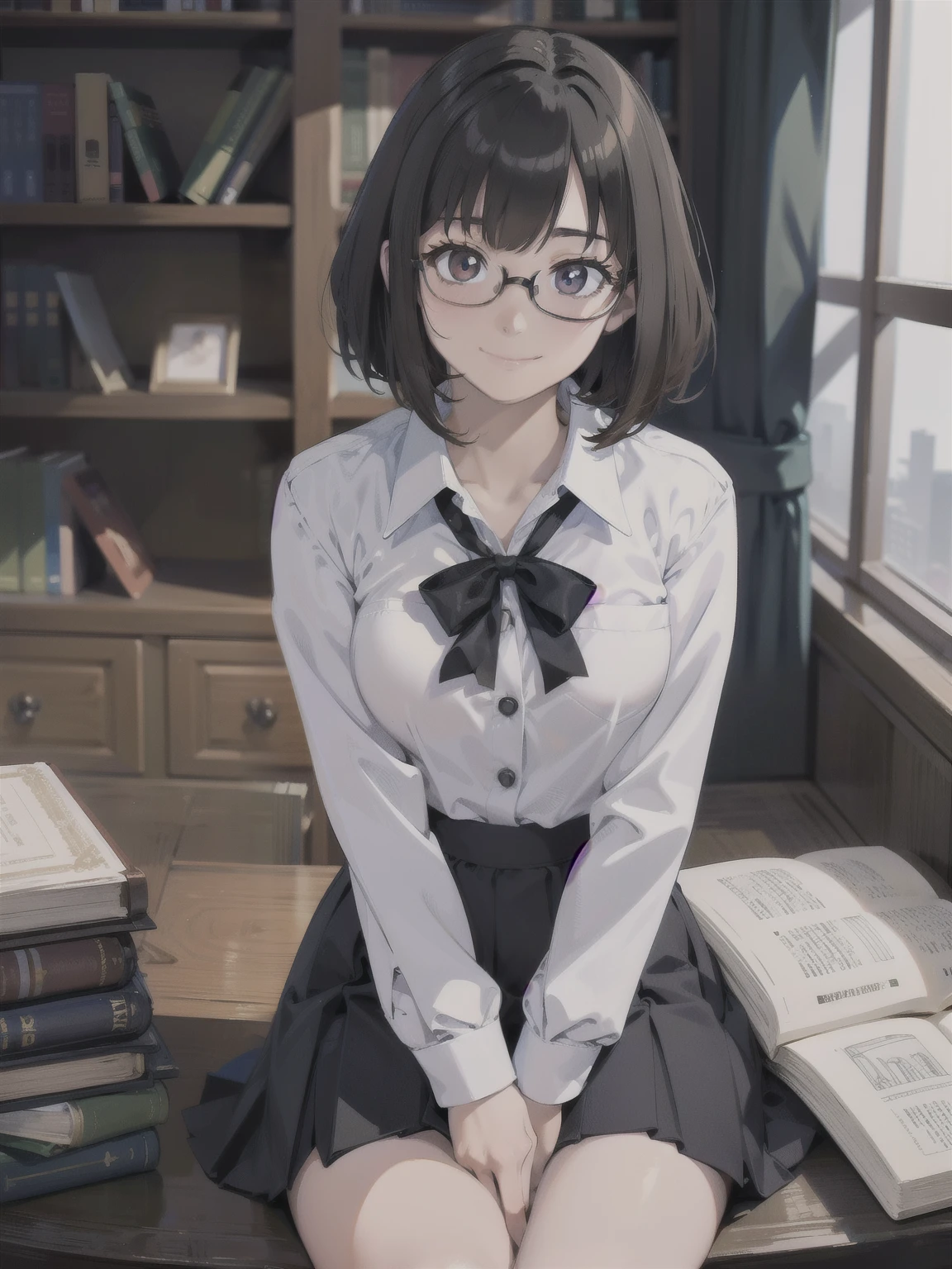 { masterpiece : best quality : high resolution : unity 8k wallpaper : illustration } { Boku No Hero art Academia style } { Background = library } { Nerdy appearance : short dark smart hair : glasses : perfect slender body : perfectly small shape breast : white collar shirt : black skirt : shy : shy smile : sitting : studying }