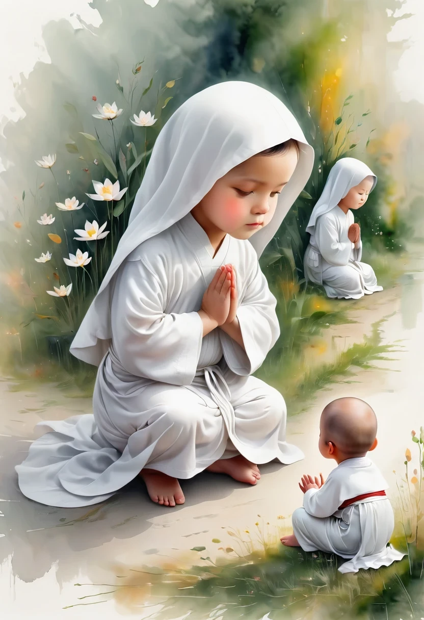 There is a little bald monk sitting on the ground，he crosses his arms,  boy wearing nun costume, Big breasts for kids, Calm expression, prayer meditation, wearing white robe, children, Wearing a white robe and, prayer pose, Wearing a simple robe, calm expression, wearing white robe, young , Innocence, portrait shooting, Blessing Hands, Buddhist, prayer, Wearing a simple robe