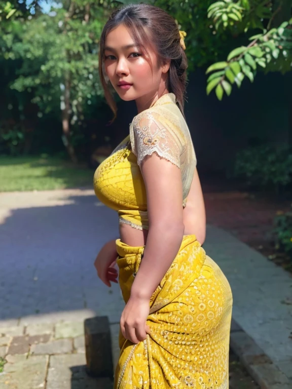 1 girl, solo, seductive look, elegance and charm, (masterpiece, best quality, high resolution:1.2), looking at the viewer, standing. (intricate and beautiful:1.2), (detailed light:1.2), (soft light, side light), (high resolution textures), outdoor, Burmese girl, acmm ls outfit, wearing (lace yellow push up bra) and wearing acmm long skirt, pink acmm long skirt, printed skirt, outdoor background, sun light, attractive, sexy, mature and hot, milf.