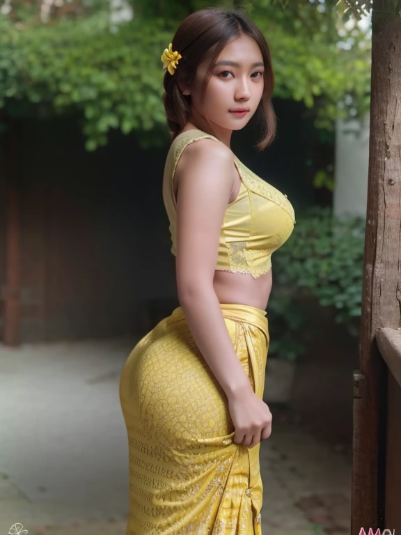 1 girl, solo, seductive look, elegance and charm, (masterpiece, best quality, high resolution:1.2), looking at the viewer, standing. (intricate and beautiful:1.2), (detailed light:1.2), (soft light, side light), (high resolution textures), outdoor, Burmese girl, acmm ls outfit, wearing (lace yellow push up bra) and wearing acmm long skirt, pink acmm long skirt, printed skirt, outdoor background, sun light, attractive, sexy, mature and hot, milf.