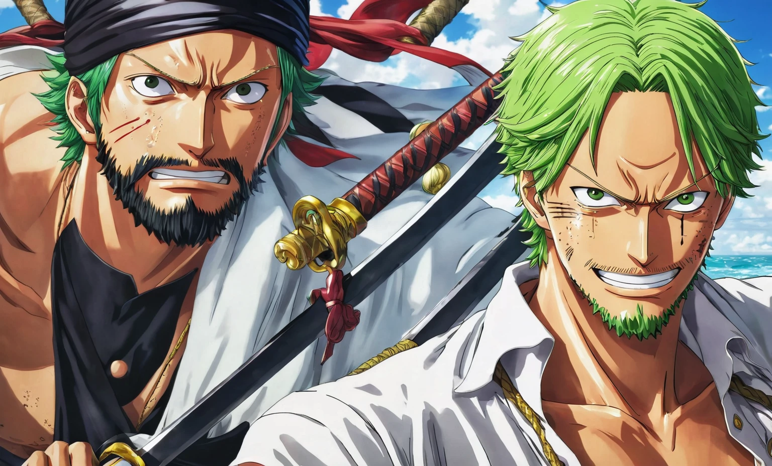 cara de anime com cabelo ruivo e camisa branca segurando uma espada, retrato de Shanks Le Roux, rei dos piratas, best Personagem de anime design, male Personagem de anime, of one piece, sanji, handsome guy in demon slayer art, anime homem bonito, estilo de arte of one piece, Personagem de anime, roronoa zoro, luffy engrenagem 5, detailed Personagem de anime art