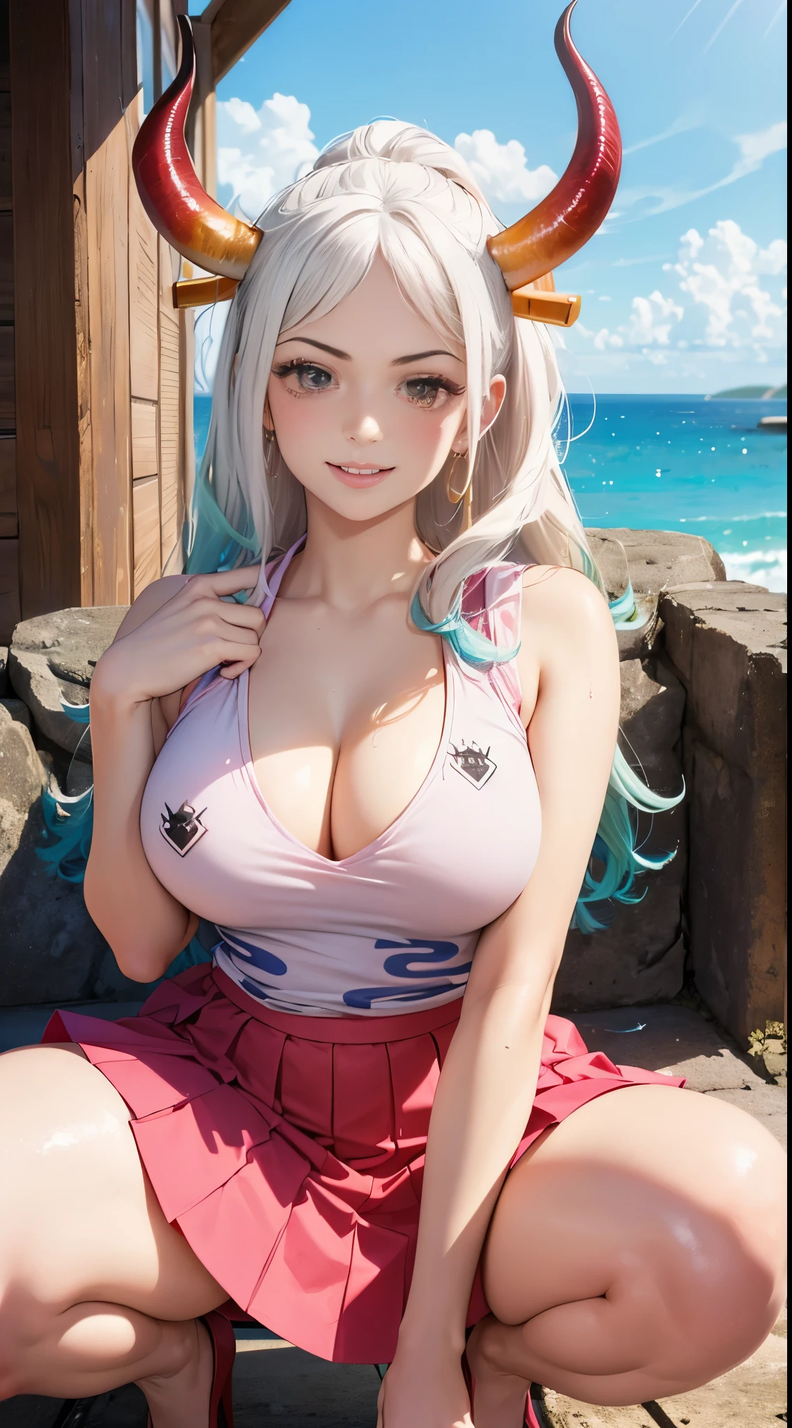 ((masterpiece, Best Quality, high resolution, Perfect Pixel, 8K))), ((1 girl、full body seen))、 ((Bangs、gorgeous white hairs、Yamato from onepiece))、((Gorgeous brown eye、Beautiful eyelashes、Realistic brown coloured eyes))、 ((Detailed face, two horns, Blushing:1.2))、((Smooth texture:0.75, Realistic texture:0.65, Photorealistic:1.1))、Dynamic Angle、(perfectly insanely detailed eyes、glistening sweat、blushed face、 happy face、pink cheeks、((wearing pink plain skirt、pink top、squatting position、sexy pose、busty breasts、sexy beautiful women、background ocean))、long body、ultra realistic eyes、ultra insanely detailed eyes、talking to audience happily、(beautiful portrait、ultra high definition、 insanely detailed face、ultra high quality、ultra high clarity)、insanely detailed dress、curvy body、white skin、best clarity、ultra highest resolution、8k resolution、beautiful smile、beautiful eyelashes、gorgeous face、gorgeous representation of a face、perfect body、erotic look on face、dynamic lightning、(innocent big eyes)、Bright_Front_face_Lighting、shiny skin、Full body shot、