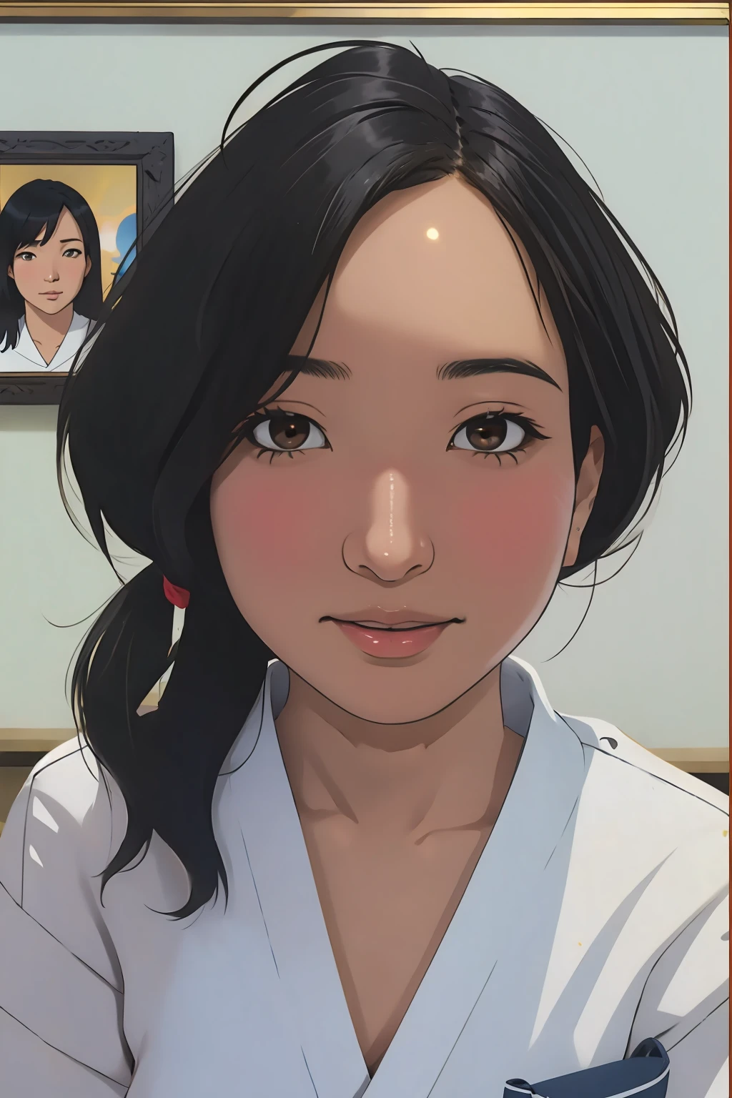 Risa, black haired japanese girl, short black hair, sitting in classroom in uniform , cute, beautiful, realistic style, highly detailed, 4k, look at camera, face close-up, ((golden ratio, center frame)), (((RISA))), face in center of picture ((NUDE)), ((looking to the right))