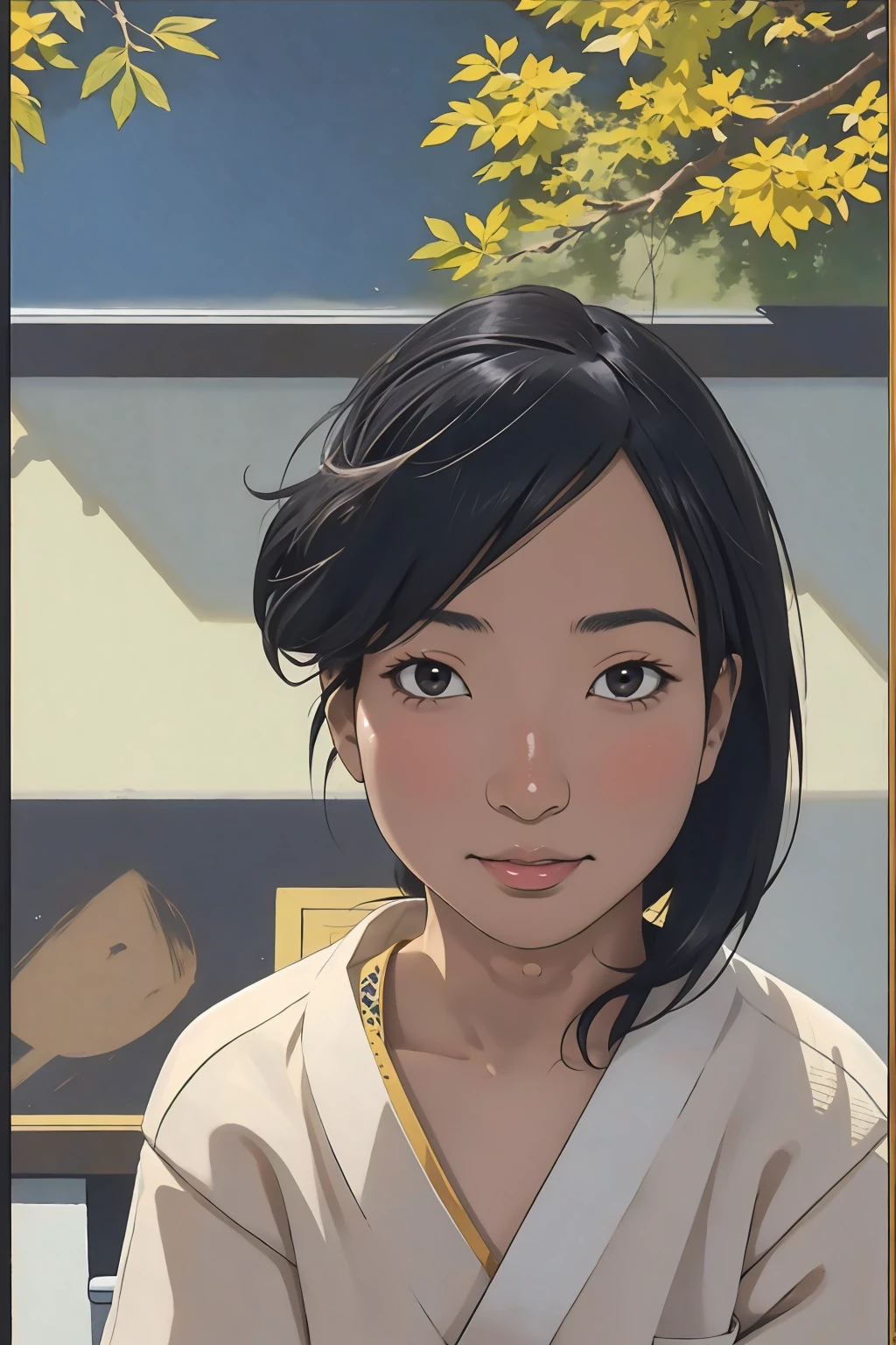 Risa, black haired japanese girl, short black hair, sitting in classroom in uniform , cute, beautiful, realistic style, highly detailed, 4k, look at camera, face close-up, ((golden ratio, center frame)), (((RISA))), face in center of picture ((NUDE)), ((looking to the right))