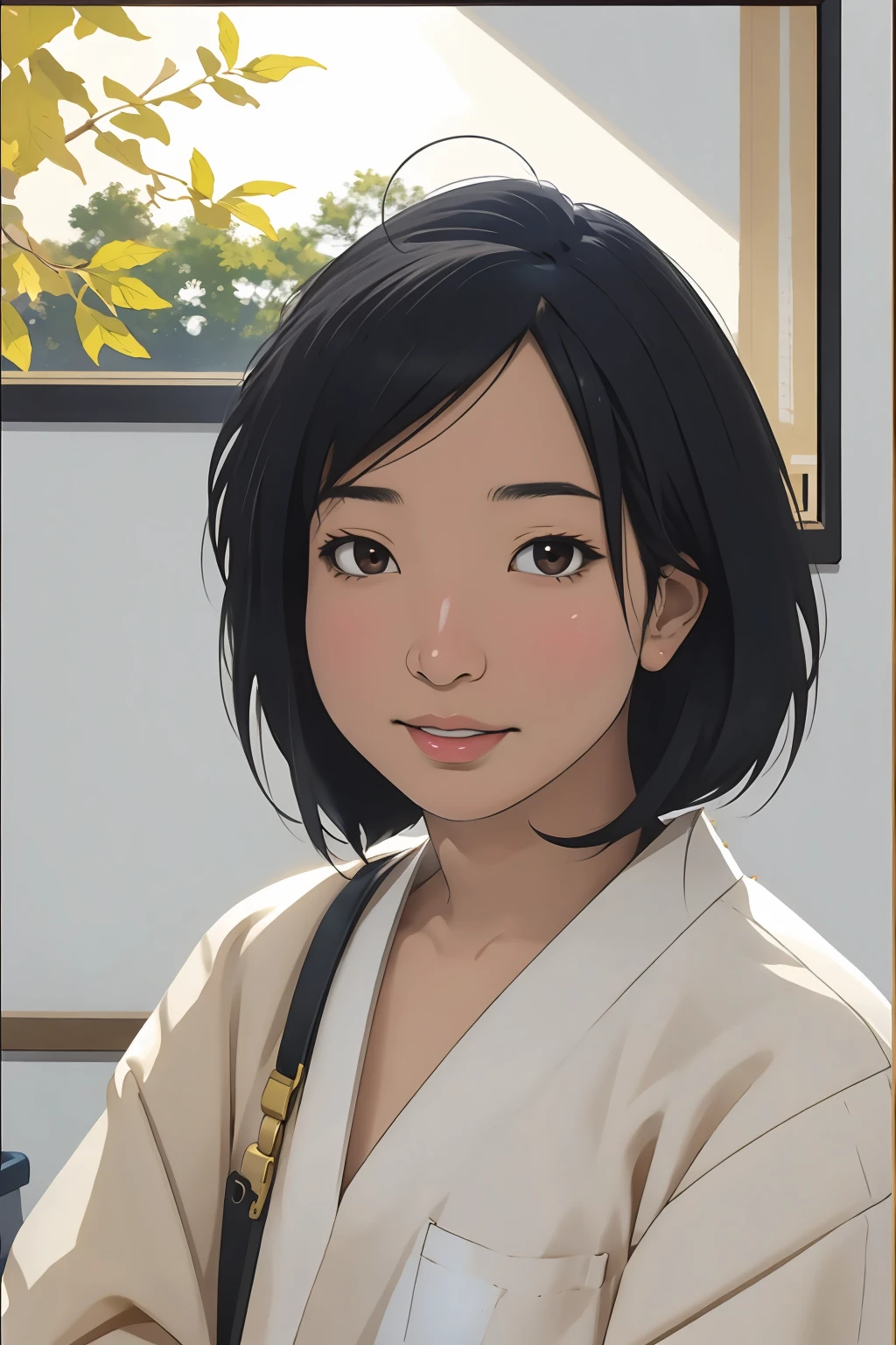 Risa, black haired japanese girl, short black hair, sitting in classroom in uniform , cute, beautiful, realistic style, highly detailed, 4k, look at camera, face close-up, ((golden ratio, center frame)), (((RISA))), face in center of picture ((NUDE)), ((looking to the right))