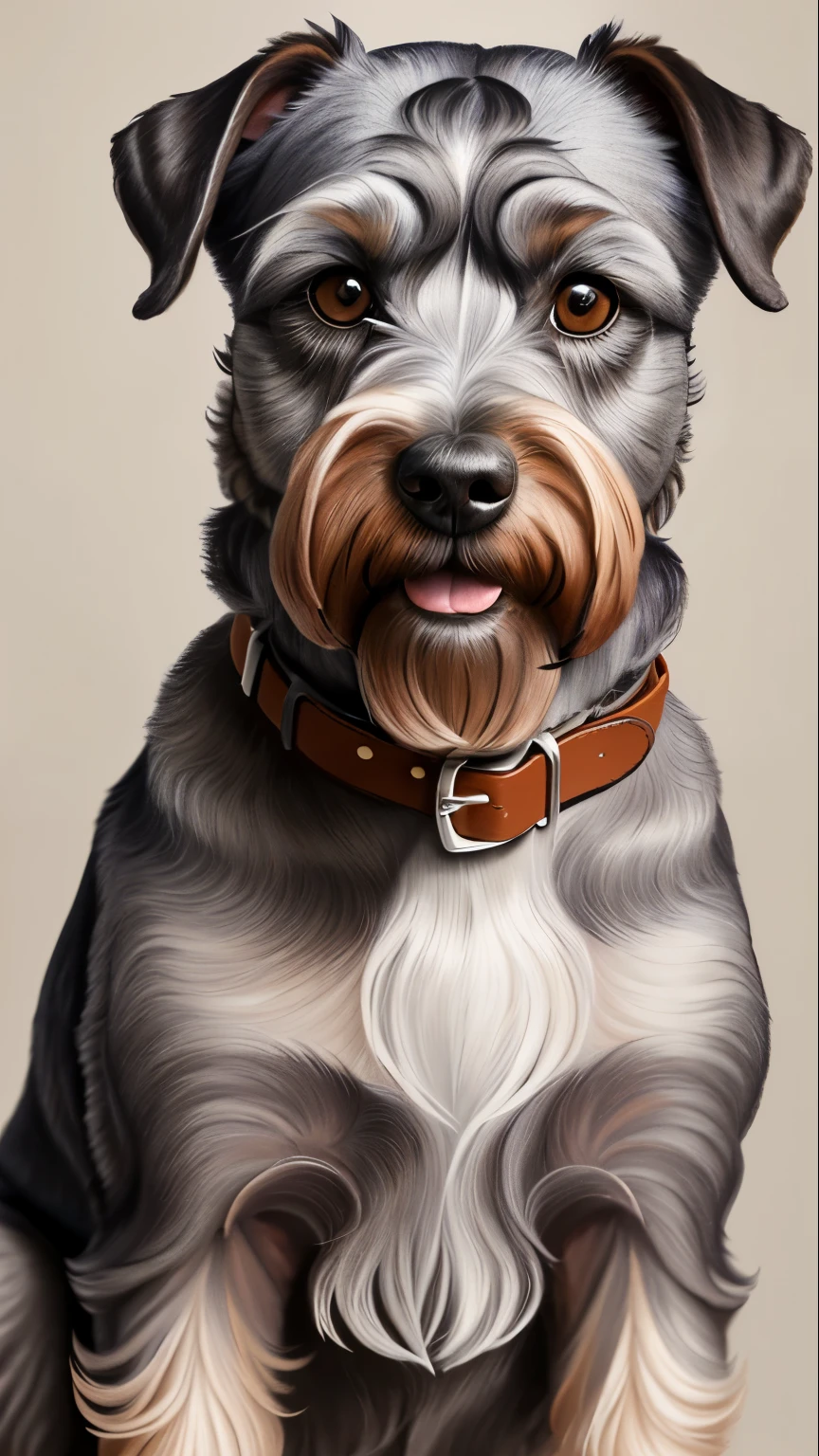 painting of a Brown Grey schnauzer dog with a collar and collar around it's neck, bearded, flat against head downturned ears, portrait of ultra realistic, ultra detailed portrait, detailed realistic painting, painting of cute dog, realistic detailed painting, a photorealistic painting, portrait of dog, ultra realistic illustration, portrait of a dog, extremely detailed portrait, highly detailed portrait, detailed realistic colors, incredibly detailed oil painting