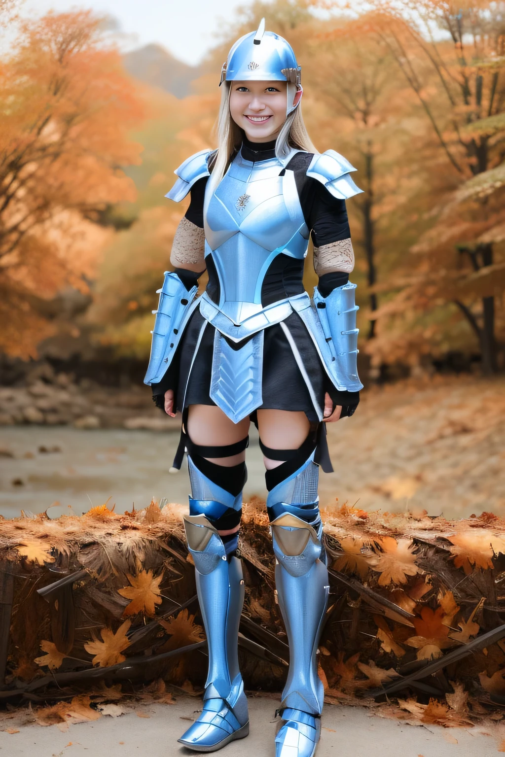 best quality、table top、超A high resolution、(realistic:1.4) 、infp young woman、(modeled:1.2)、small head、small face、blonde hair、long legs、(Decorated night helmet covering the ears:1.3)、(Ornately decorated full-body armor:1.3)、Tight waist armor、(Falls Armor:1.9)、(Metal Crotch Protector:1.4)、Foot armor、(blue cloak:1.3)、(full body:1.4)、without makeup、A big smile、(perfect body:1.7)、castle background、white woman、blue eyes、blonde、smile、beautiful teeth