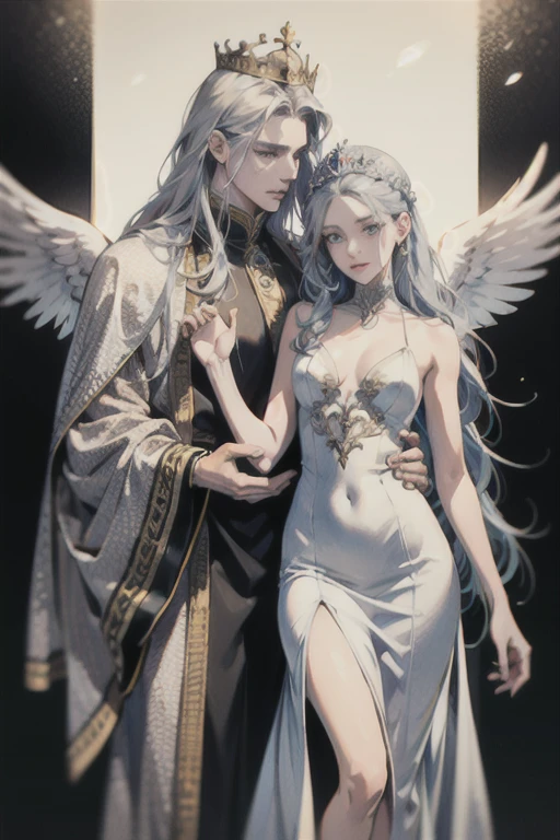 ((Best quality)), ((masterpiece)), (detailed), perfect face in the arms of a very handsome young man, majestic, courageous, sports, attractive male demon with long straight platinum hair, tanned skin, gray-blue burning eyes, dressed in royal robes, with a silver crown on his head, with big black wings, growing behind my back, there is an incredibly beautiful young delicate fragile woman in a flowing white translucent dress in the Greek style, she has blue eyes, Long golden hair, elegant golden tiara, beautiful slim female body, which is visible through the fabric of her dress, beautiful neat small female breasts with pointed nipples, small pink halos. they are in love with each other, he hugs her tenderly. full length image. realistic image, full length image. careful drawing of the anatomical accuracy of the body, gentle face type, excessive detail of the female body. masterpiece, perfect drawing, realistic drawing, Full-length drawing, 8k. full length image, realistic image, detailed image. extremely detailed illustration, настоящий masterpiece, highest quality, with careful drawing. shading with shadows. careful depiction of the anatomical accuracy of the female body, attractive face type and excessive detailing of the female body.