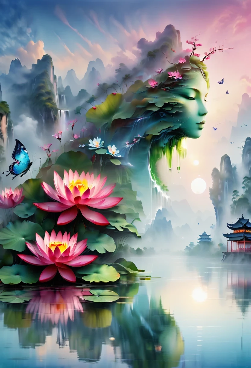 masterpiece, best quality, extremely beautiful reflection, best reflection. (Very detailed CG 8k wallpaper), (best quality), (Best Illustration), (best shadow), Guilin scenery pictures, Realistic morning.