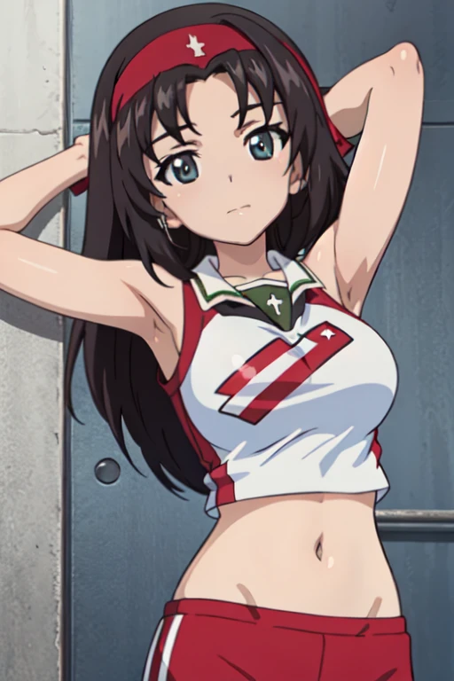 (best quality, masterpiece, megami magazine,ultra-detailed:1.2, Sharp, anime cels), (beautiful eyes, beautiful face, shiny skin), kondou_taeko, (girls und panzer:1.5), midium hair, 1girl, solo, large breasts, (red headband, sportswear, sleeveless), navel,
looking at viewer, (perfect detailed anatomy, perfect detailed arms, perfect body), 