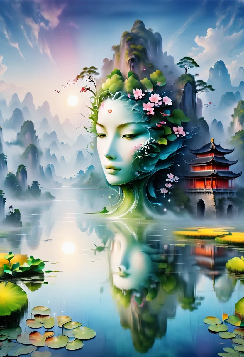 A painting of a woman with a flower head in the water - SeaArt AI