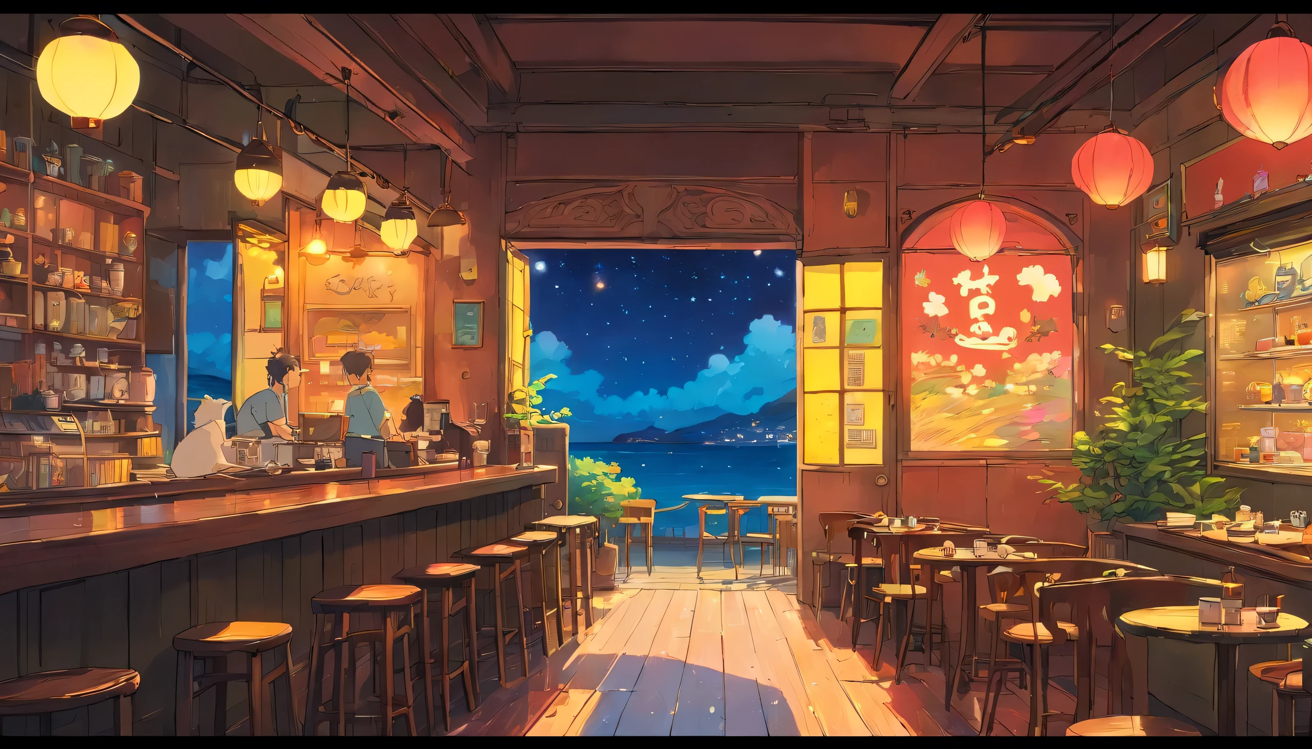 A cafe where piano jazz plays， dream, please wear headphones, night light, Neon landscape on a rainy day, analog color theme, lo-fi hip hop , retrospective, flat, 2.5D ,Draw a line, ink painting, Osaka road, watercolor painting, gouache color, studio ghibli style, very colorful, outerton, Krautlock, Lofiato,old texture, amplitude,Psychedelic atmosphere, masterpiece, Technology of Wonders,on the bed，Darken the room，A beautiful night seaside with a starry sky outside the window