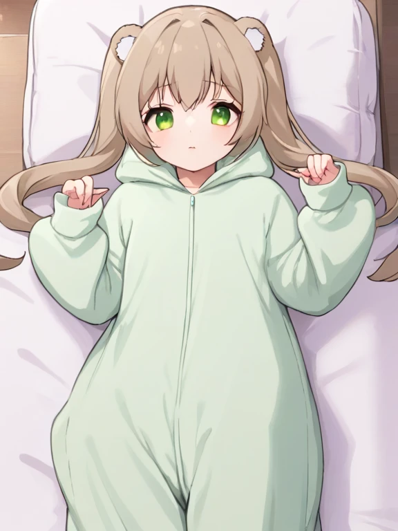 cool girl,low twin tails,green eyes,light brown hair,fluffy animal kigurumi pajamas